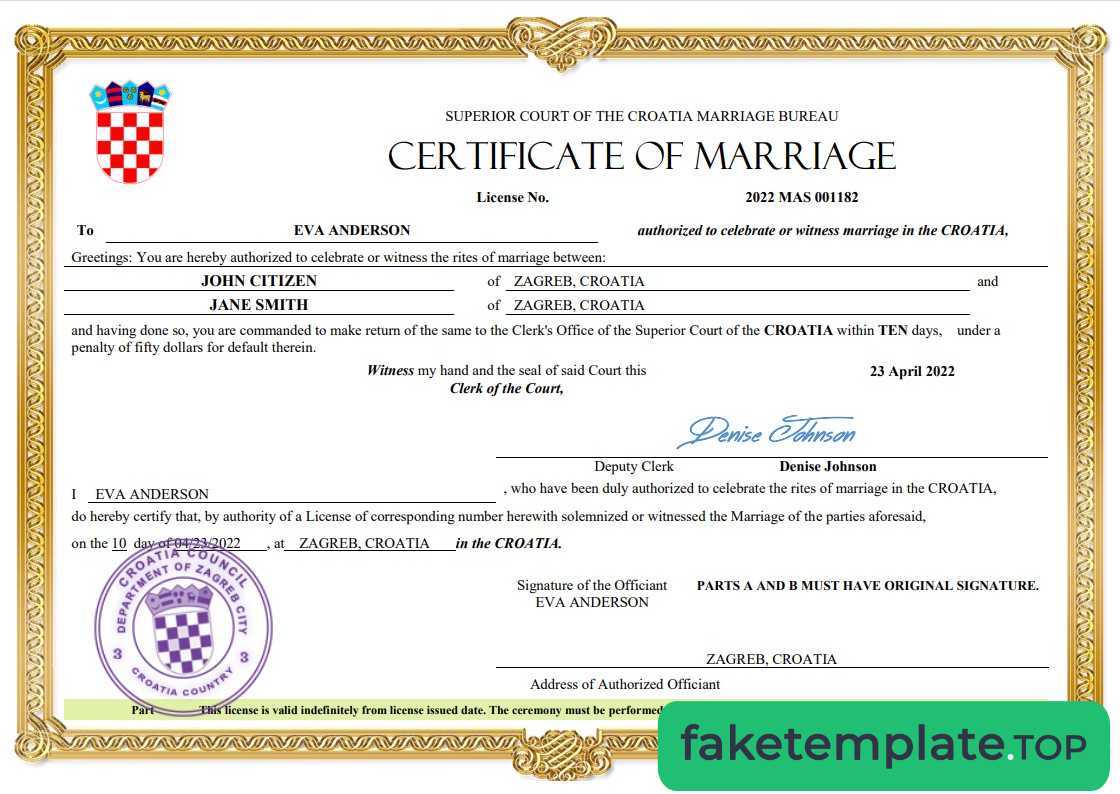 Feature of fake Croatia marriage certificate example template